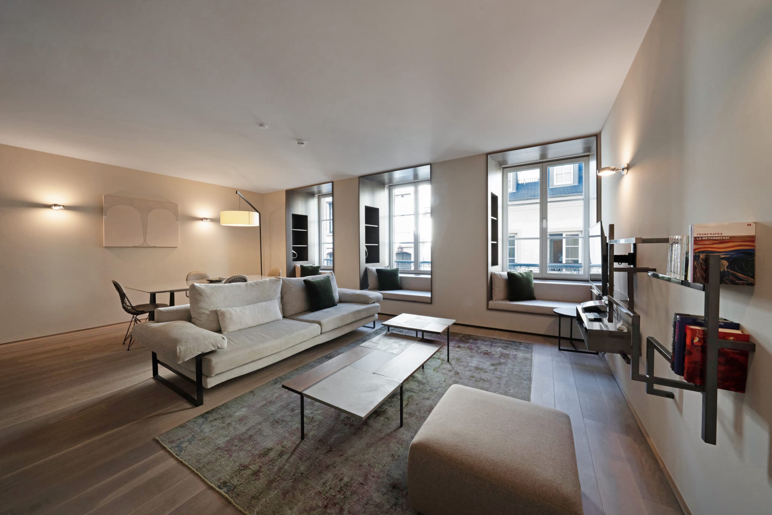Living room of a one-bedroom apartment at Relais Louvigny.