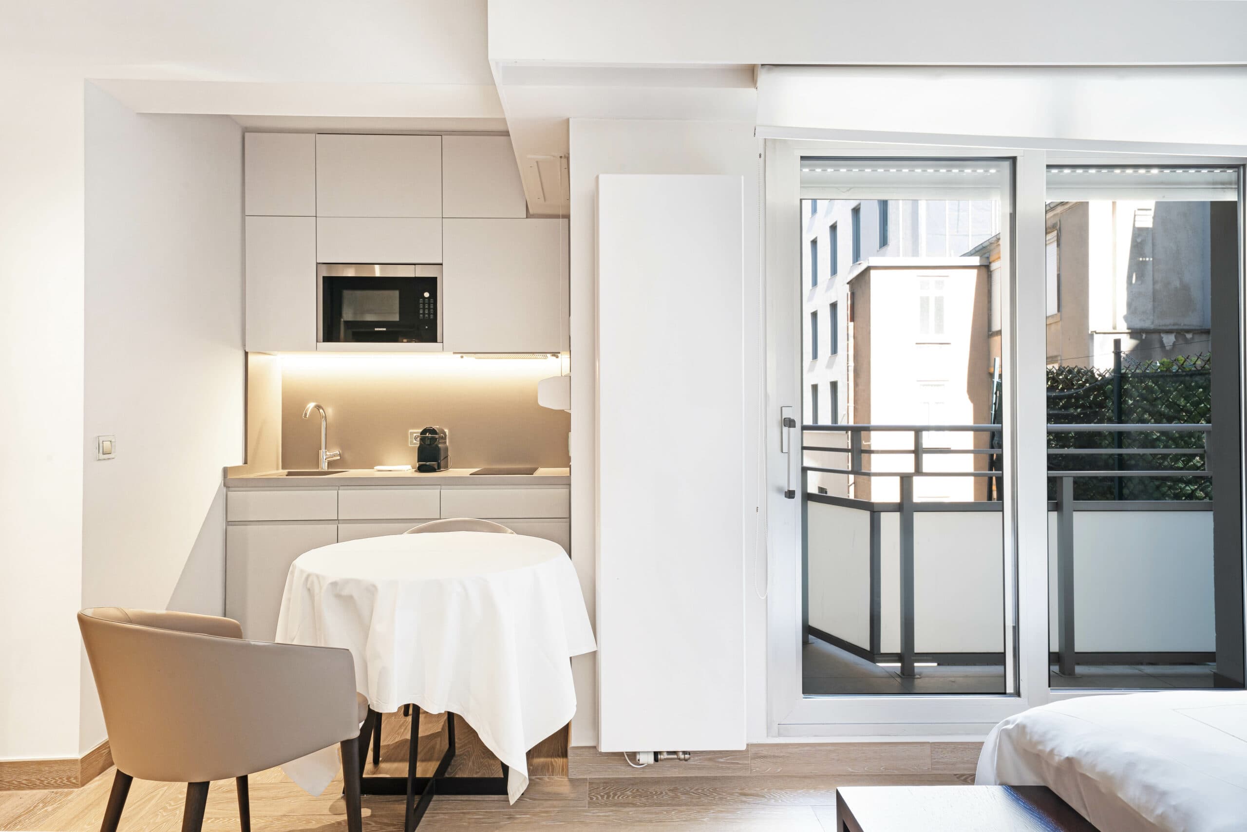 Bed and sitting area.